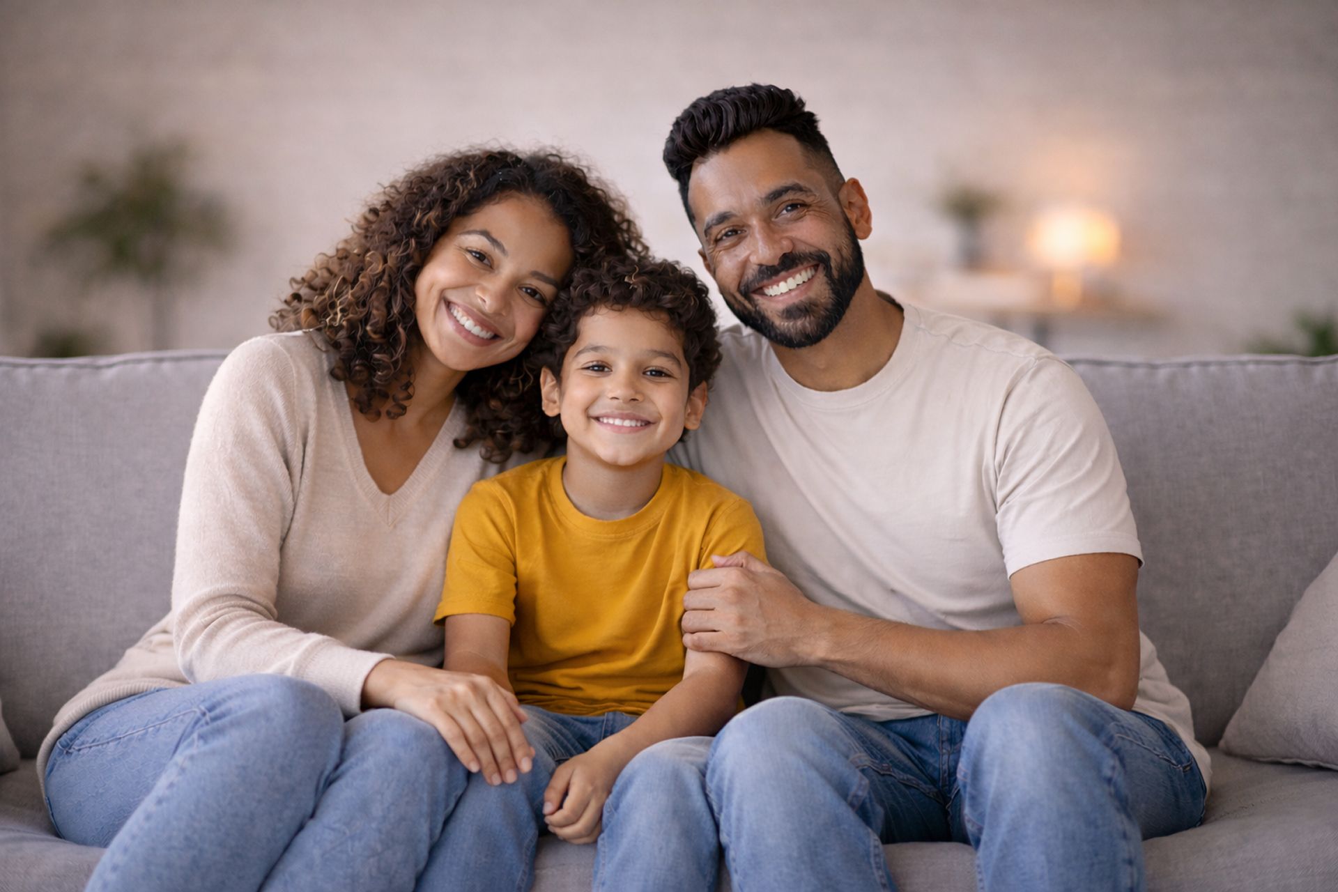 Familia sonriendo en casa